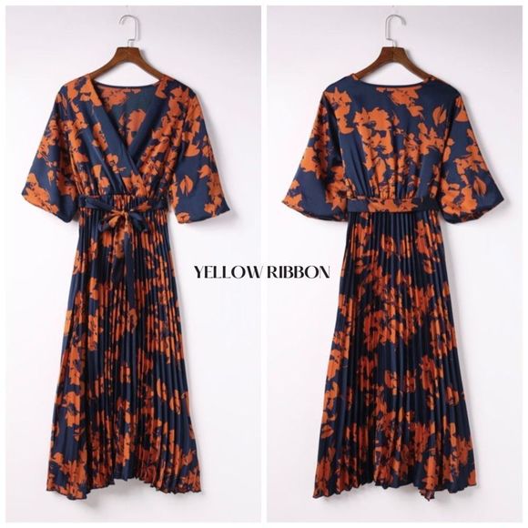 NEW Orange V Neck Wrap Pleated Maxi Floral Dress with Tie / Boho Floral Dresss - Picture 2 of 5